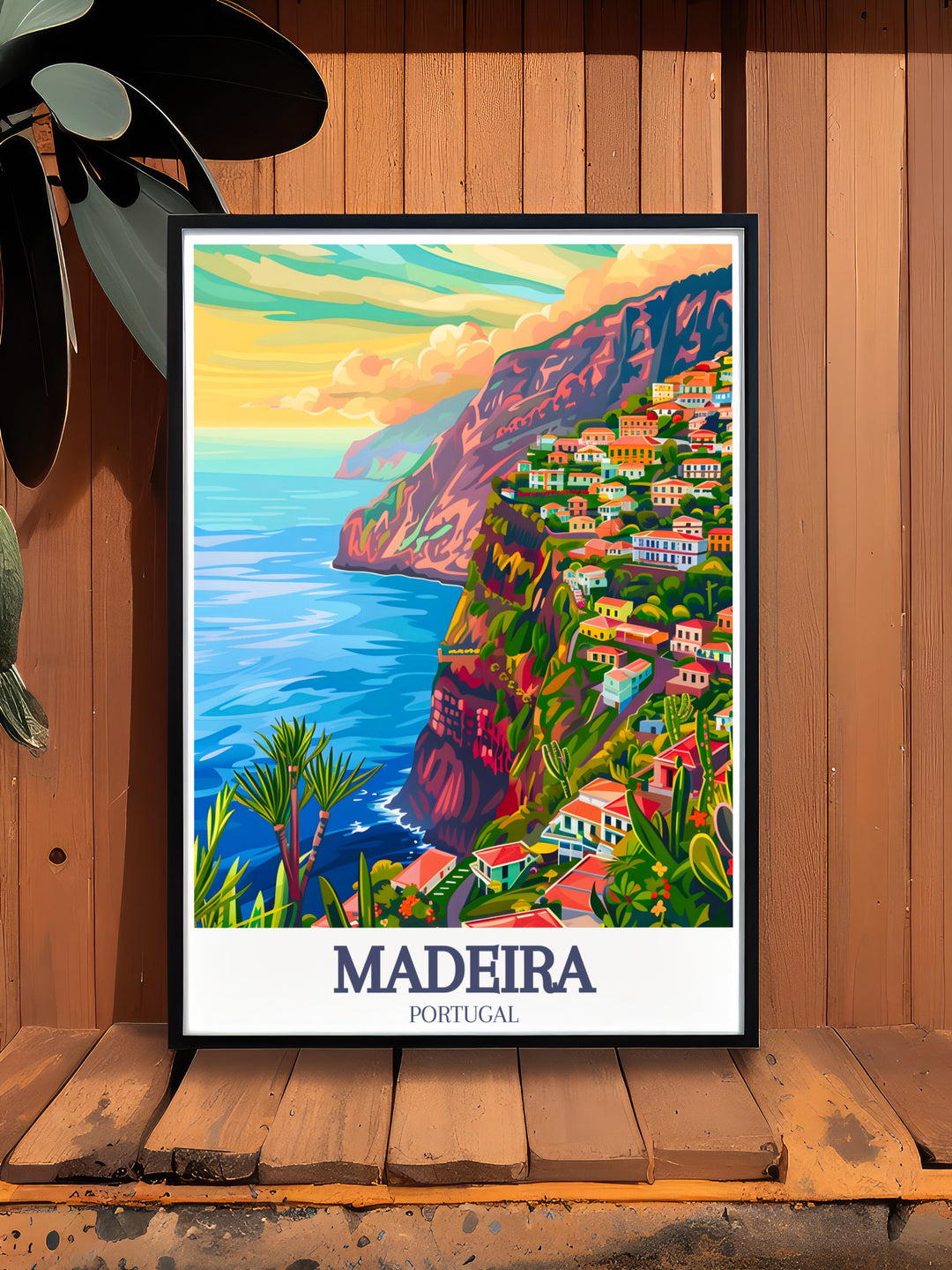 The Madeira travel poster brings to life the towering cliffs of Cabo Girão and the vibrant city of Funchal. This print is perfect for anyone who loves Portugals natural beauty and historical charm. Add this to your wall for a piece of travel inspiration that lasts.