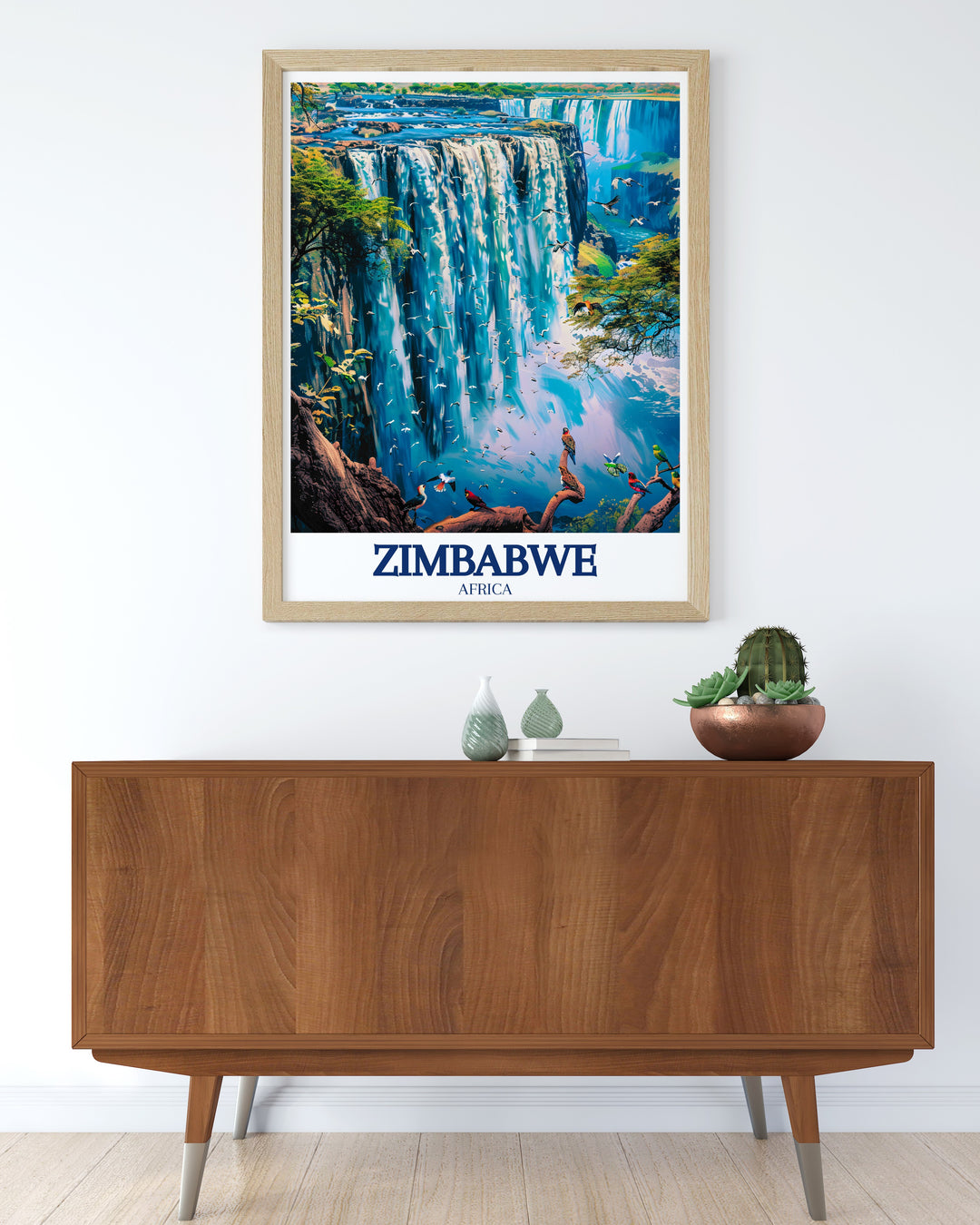 Our Zimbabwe travel poster features the stunning Eastern Highlands and the mighty Victoria Falls. Perfect for adding a touch of African wilderness to your decor, this digital download captures the serene yet powerful essence of these natural wonders. A great gift for anyone passionate about African landscapes.