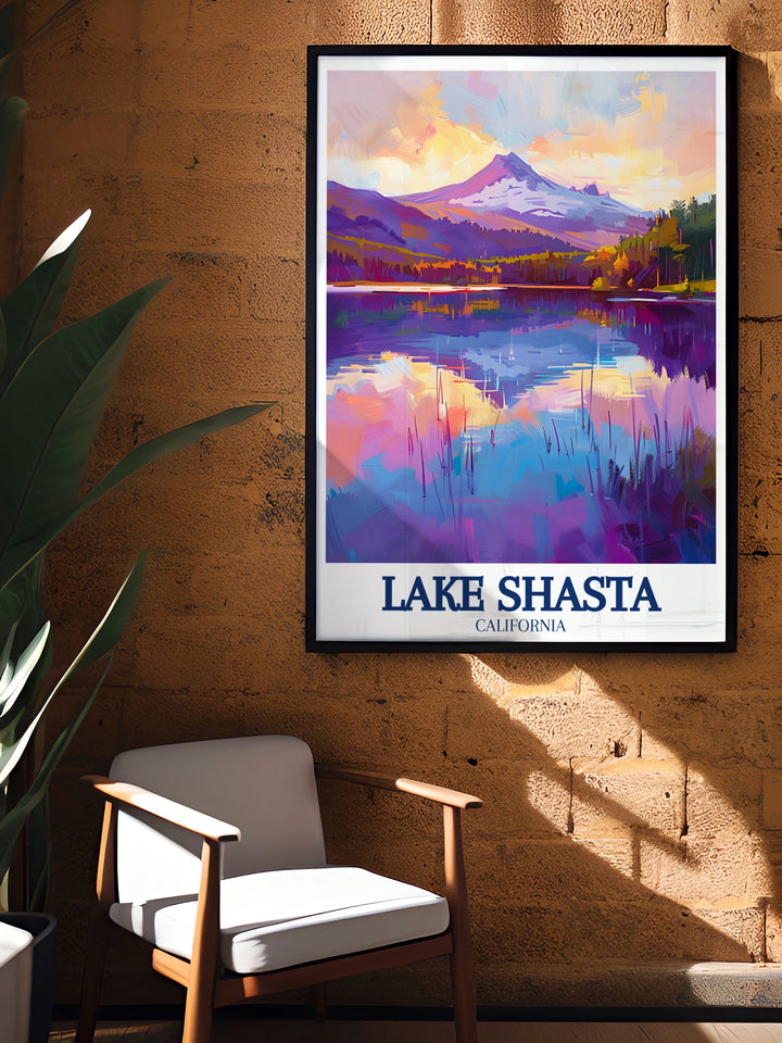 Castle Lake travel print showcasing the serene beauty of the lake nestled within the Shasta Cascade range. Ideal for those who appreciate peaceful landscapes and natural reflections, this print is perfect for calming home decor.