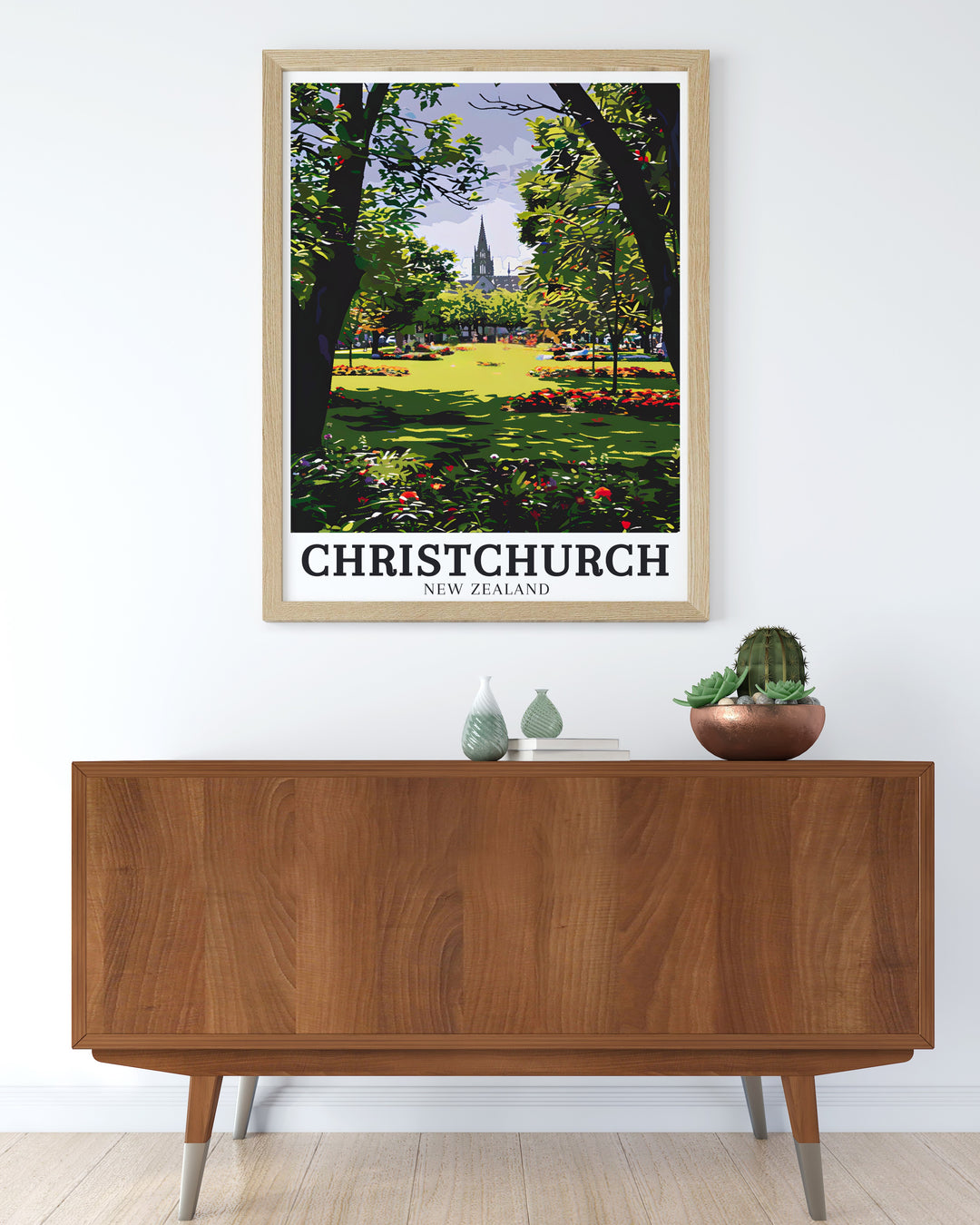 ChristChurch Cathedral and Christchurchs Botanic Gardens come to life in this elegant wall art print ideal for modern home decor or as a thoughtful gift capturing the essence of New Zealands historic and natural beauty in a vibrant and timeless piece.