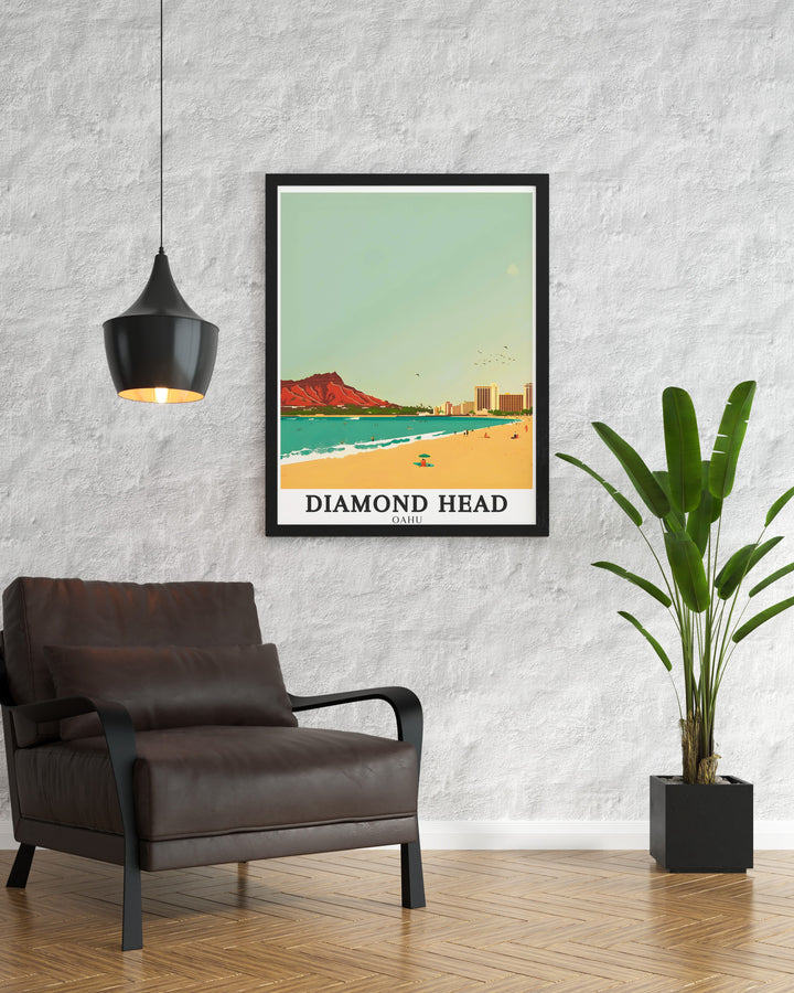 Diamond Heads rugged volcanic cone is depicted in this poster, making it the ideal addition to any travel lovers collection and a reminder of Hawaiis unforgettable scenery.