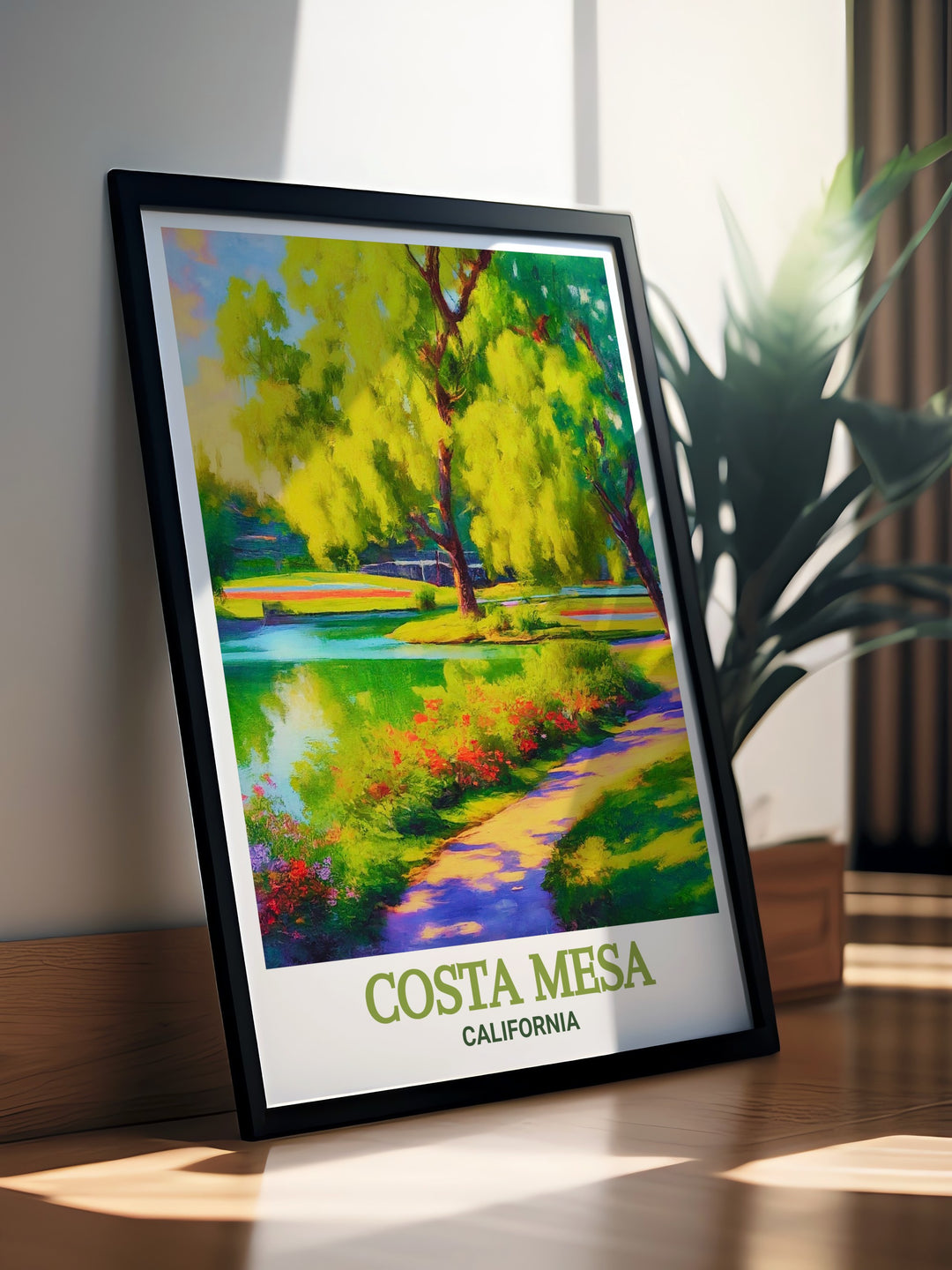 Bring Costa Mesas serene landscapes into your home with this travel poster, featuring TeWinkle Park and its surrounding scenery. This artwork offers a refreshing, calming atmosphere, perfect for your living space, office, or as a thoughtful gift.