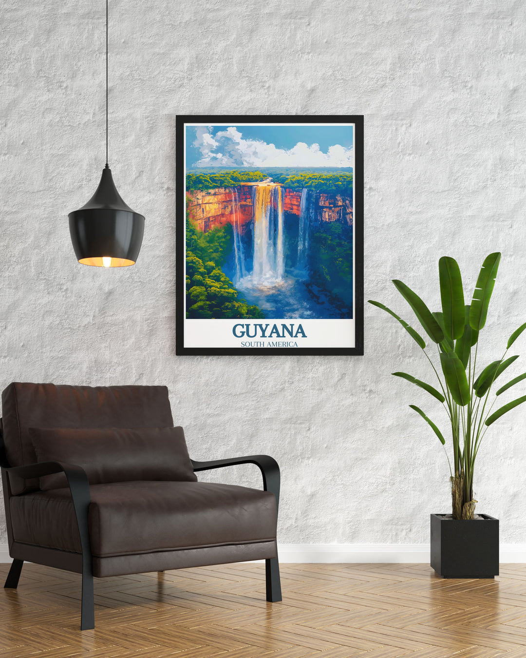 Highlighting the untouched landscapes and pristine rivers of Guyana, this travel poster offers a captivating view of the countrys natural beauty, ideal for those who appreciate scenic art.