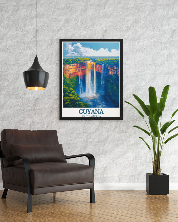 Perfect for those with a love of adventure, this Guyana Travel Print features the awe inspiring Kaieteur Falls, surrounded by the lush Amazon jungle. A bold statement piece that brings the power and beauty of nature into your living space.