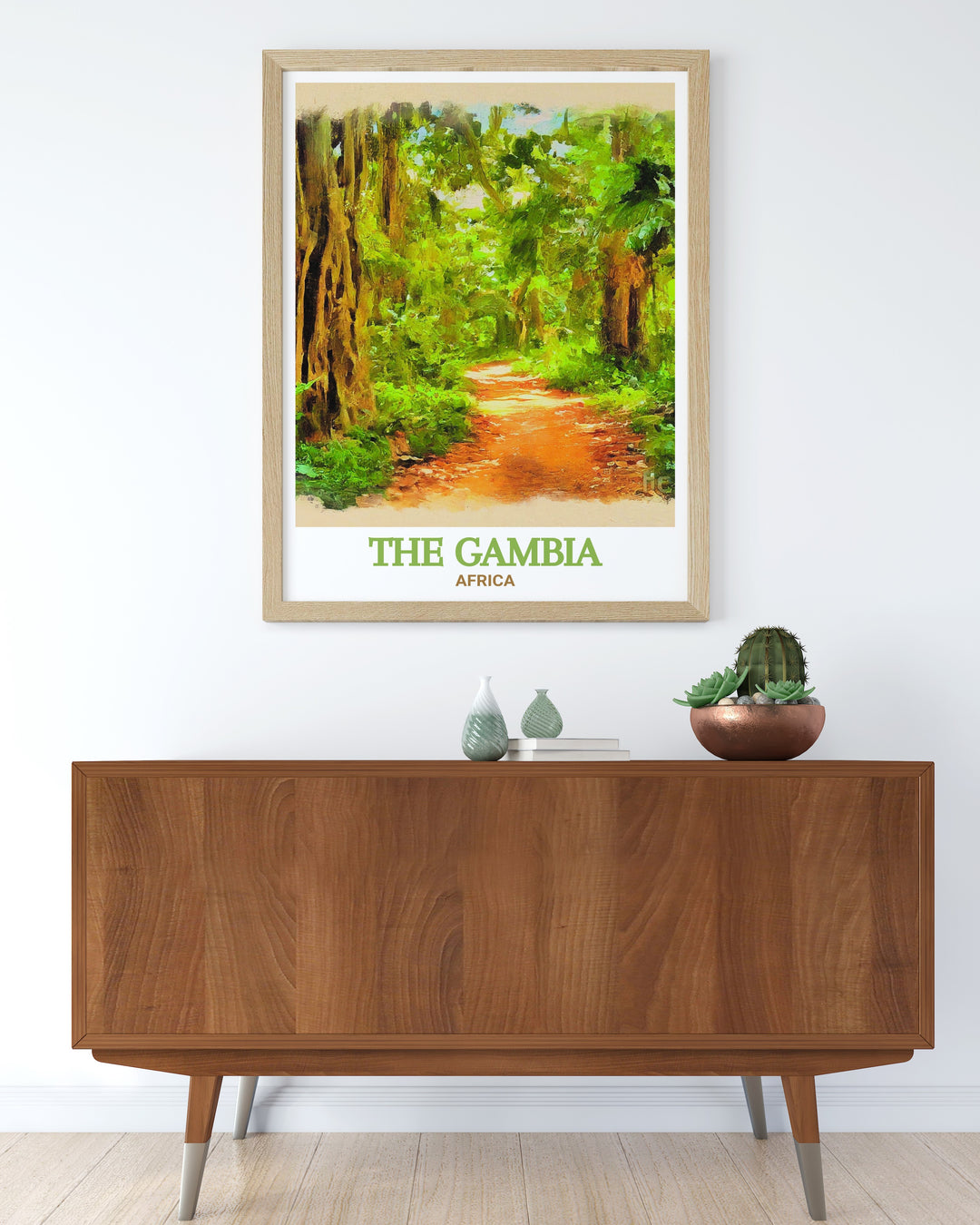 The Gambia poster collection featuring Bijilo Forest Park. This art print brings the lush greenery and serene trails of Bijilo Forest Park to life. A perfect addition to any home or office, it serves as a daily reminder of The Gambias natural beauty.