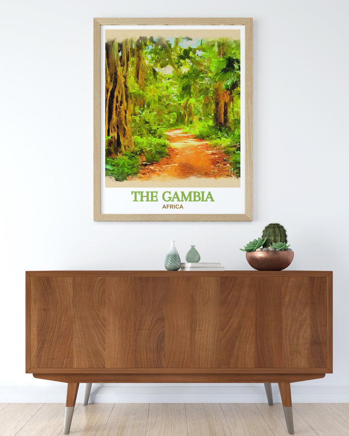 The Gambia poster collection featuring Bijilo Forest Park. This art print brings the lush greenery and serene trails of Bijilo Forest Park to life. A perfect addition to any home or office, it serves as a daily reminder of The Gambias natural beauty.