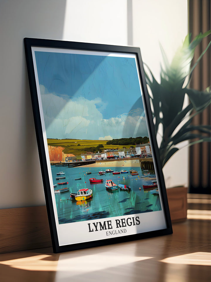 This Lyme Regis poster print showcases the iconic Cobb alongside the dramatic cliffs of the Jurassic Coast. Ideal for lovers of the English seaside and nature, this travel print captures the timeless beauty of Lyme Regis, bringing the charm of the UKs coastline into your home.