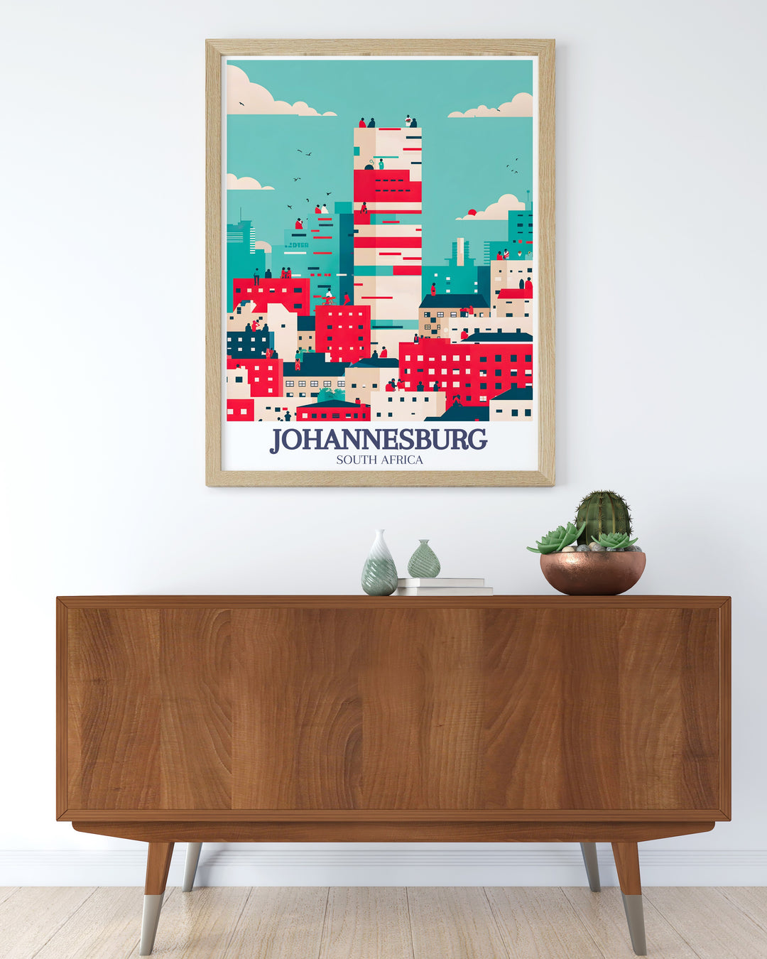 Johannesburg travel print showcasing Ponte City Apartments and the lively Maboneng Precinct, known for its street art and creative energy. This minimal travel art is perfect for urban enthusiasts and those with a love for South Africas architectural landmarks. Ideal for home decoration.