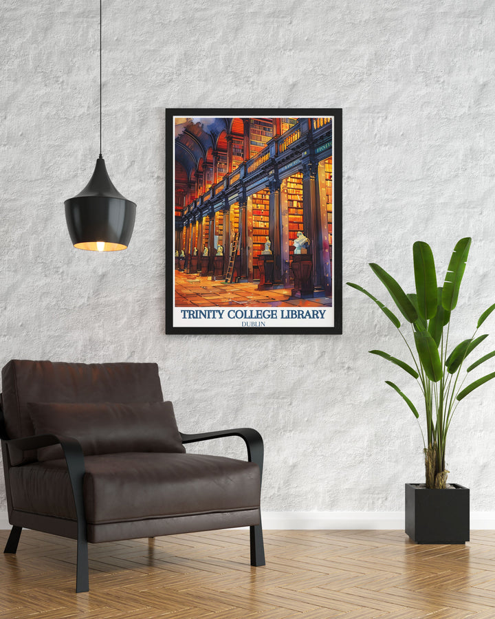 Beautiful Dublin travel poster featuring Trinity College Long Room and the historic Book of Kells ideal for modern home decor and Ireland travel prints collection