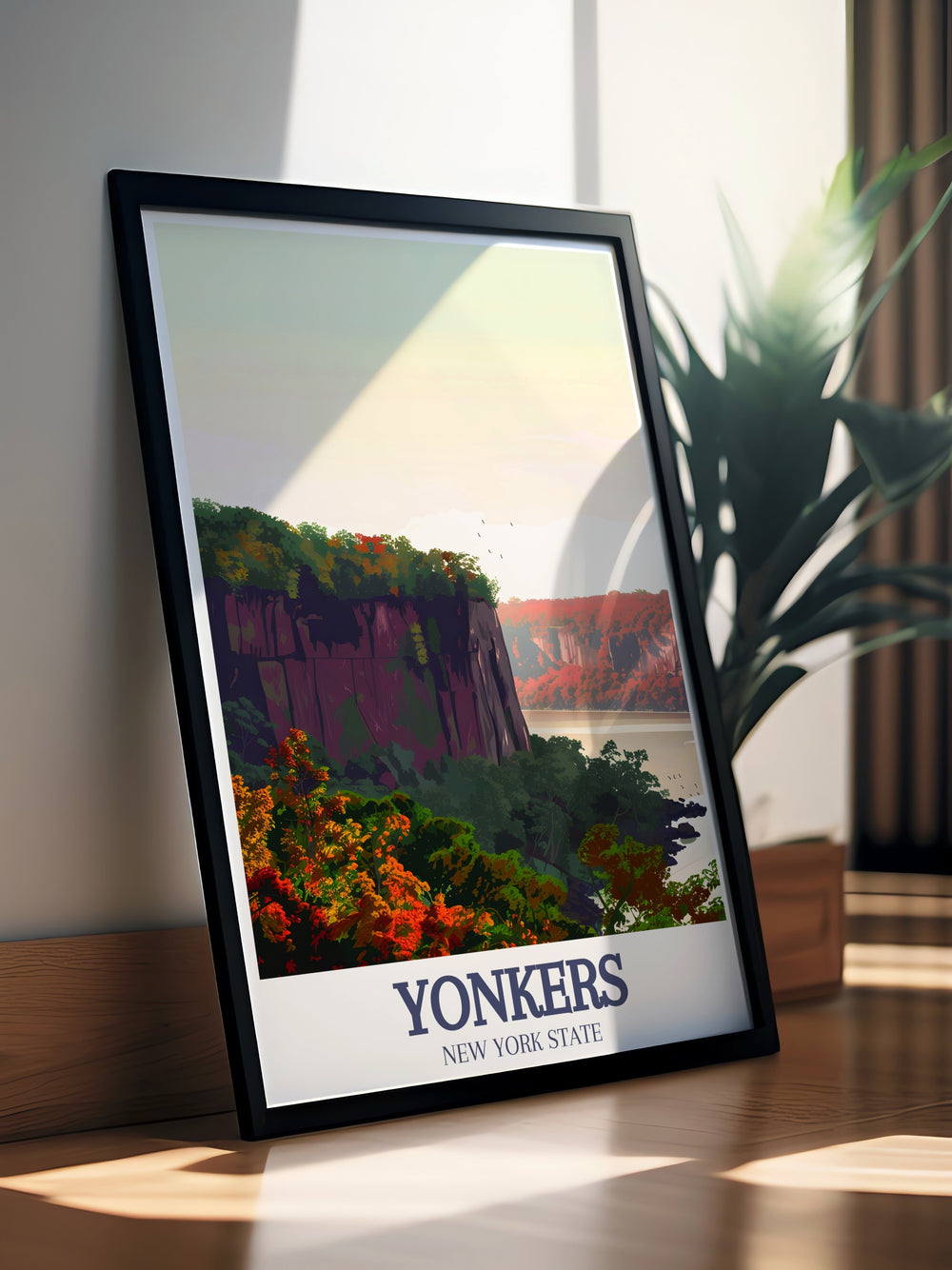 Beautiful Yonkers poster featuring Palisades Interstate Park Hudson River and vibrant cityscape perfect for home decor and personalized gifts ideal for those who love modern art and vintage aesthetics