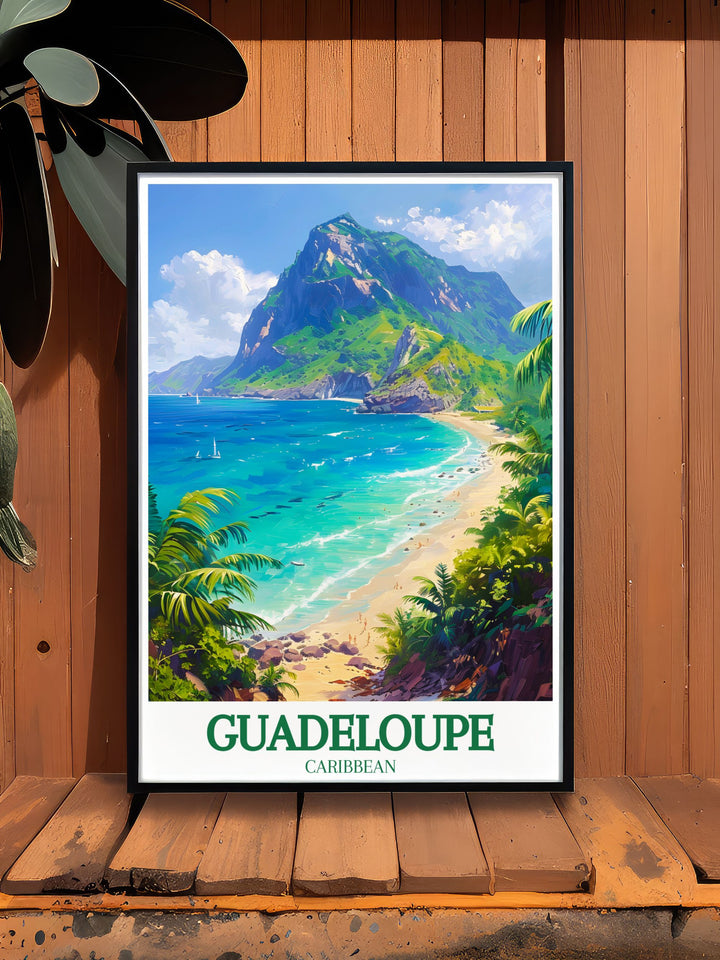 Celebrating the picturesque scenery of Grand Anse beaches, this poster captures the tranquil waters and lush vegetation of Guadeloupes coastline. Ideal for beach enthusiasts, this piece brings the soothing ambiance of the Caribbean into your living space.