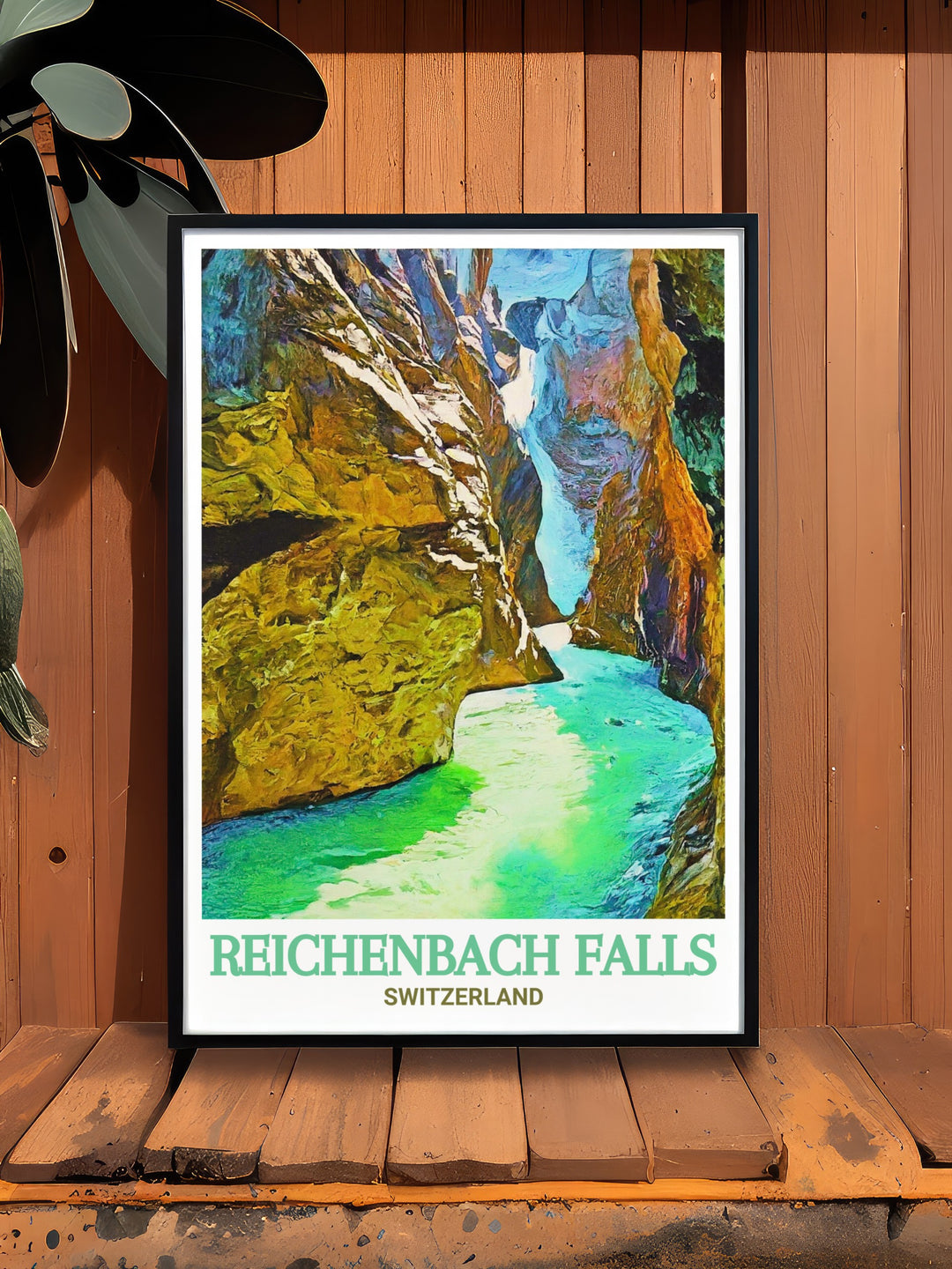 A beautiful art print featuring the stunning Reichenbach Falls and Rosenlaui Glacier Gorge, this Switzerland travel poster captures the essence of the countrys alpine landscapes. Perfect for wall decor, it is also a great gift for travelers and adventure seekers.