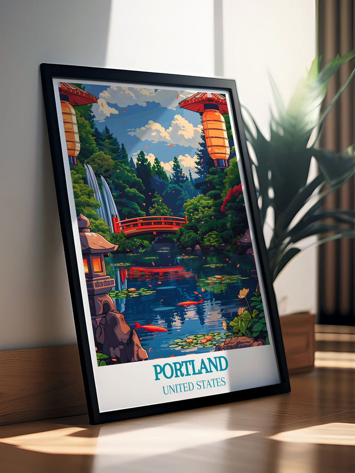 Elegant Portland Japanese Garden framed print featuring a detailed street map of Portland Oregon perfect for stylish home decoration and memorable gifts