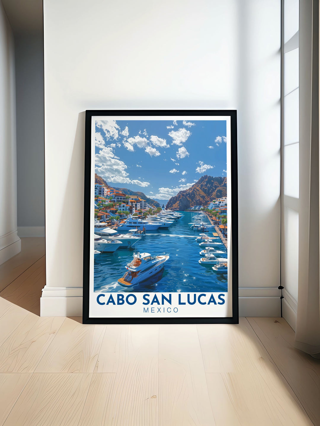 Beautiful Cabo San Lucas print featuring the vibrant Marina Cabo Lucas in black and white Perfect for home decor or as a gift this travel poster showcases the stunning marina and brings a touch of Mexico into your living space with its elegant design