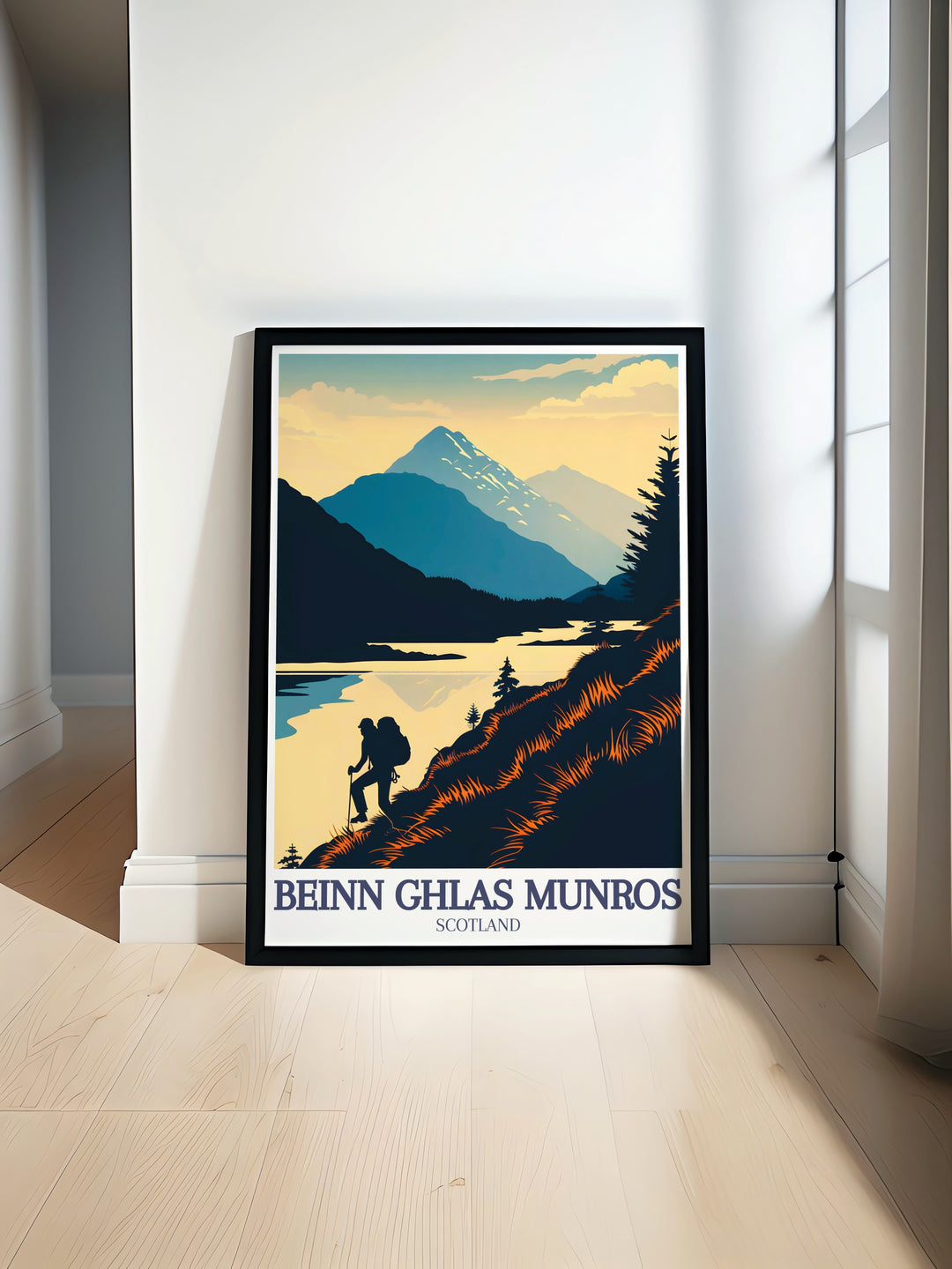 Vintage travel print of Ben Lawers and Loch Tay featuring the majestic Beinn Ghlas Munro highlighting the natural beauty of the Scottish Highlands. Ideal for home decor and lovers of Scottish mountains and adventure