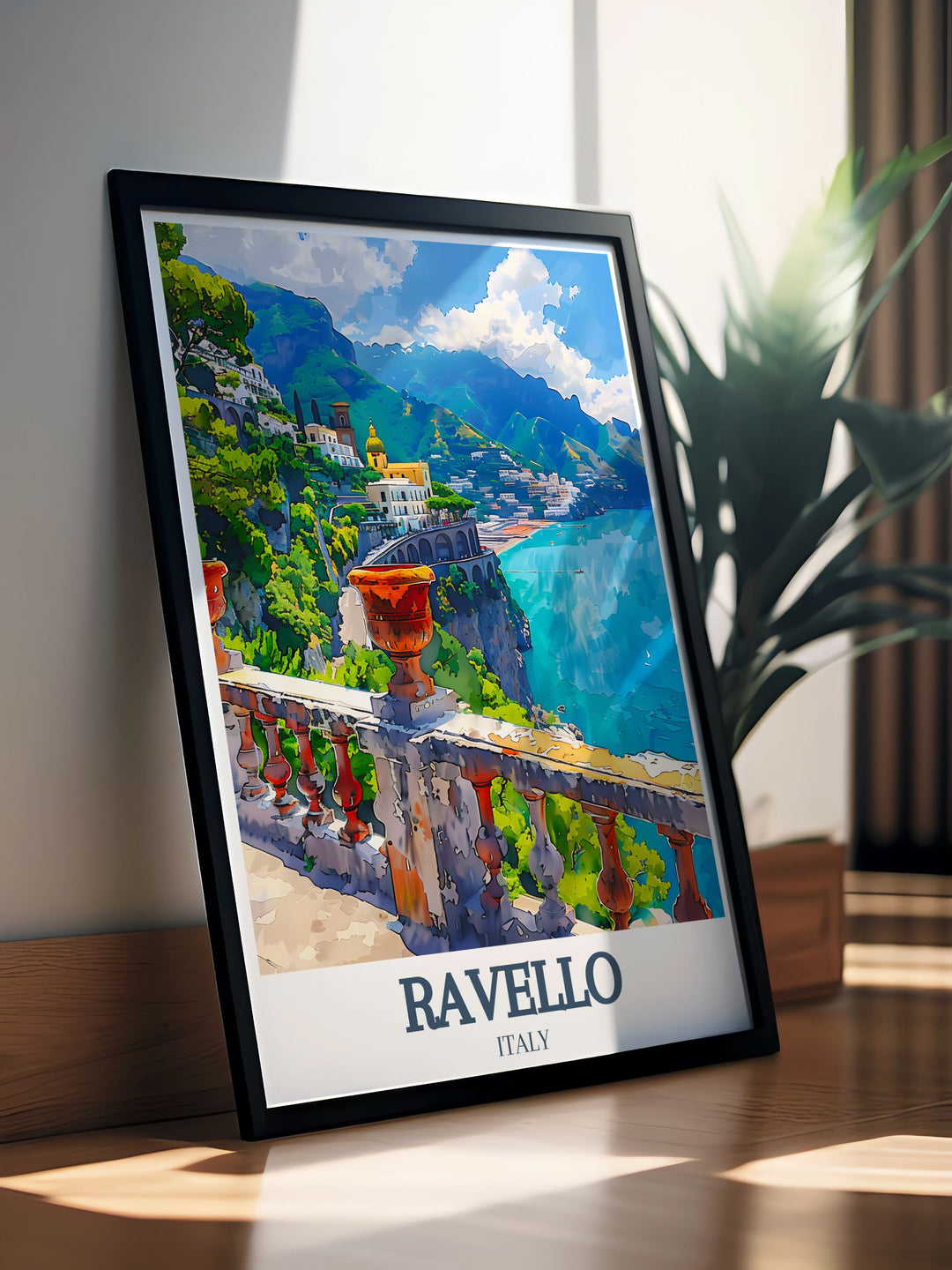 Amalfi Coast Modern Prints featuring the breathtaking Villa Rufolo Amalfi coast. These prints bring the charm of the Italian village into your home creating a serene and sophisticated atmosphere perfect for elegant home decor and coastal wall art