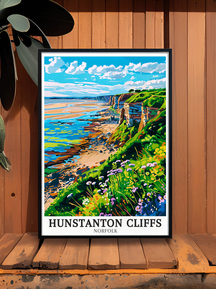 Hunstanton Canvas Art featuring the stunning layers of Hunstanton Cliffs and the expansive beach below. This canvas art brings the natural beauty of Englands coastline into your home, making it a perfect focal point for any room that celebrates the outdoors.