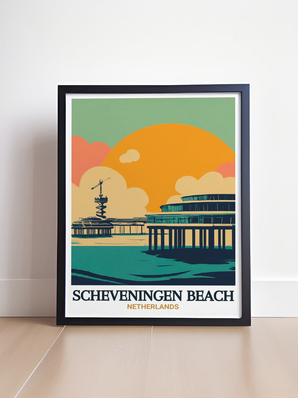 A stunning poster of Scheveningen Beach in the Netherlands, featuring the iconic pier and expansive shoreline. This print is perfect for those who love beach scenes and Dutch travel destinations.