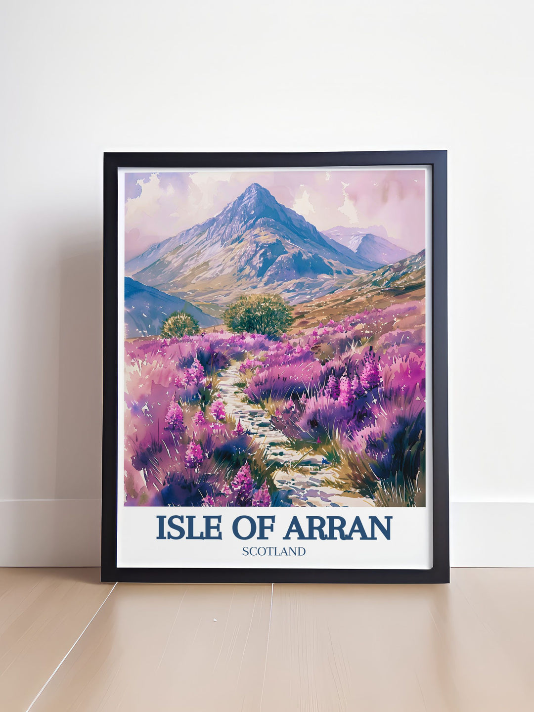 A breathtaking travel print featuring Goatfell, the highest peak on the Isle of Arran. The artwork highlights the rugged terrain and dramatic scenery, inviting viewers to appreciate the islands majestic landscapes and the adventures that await.