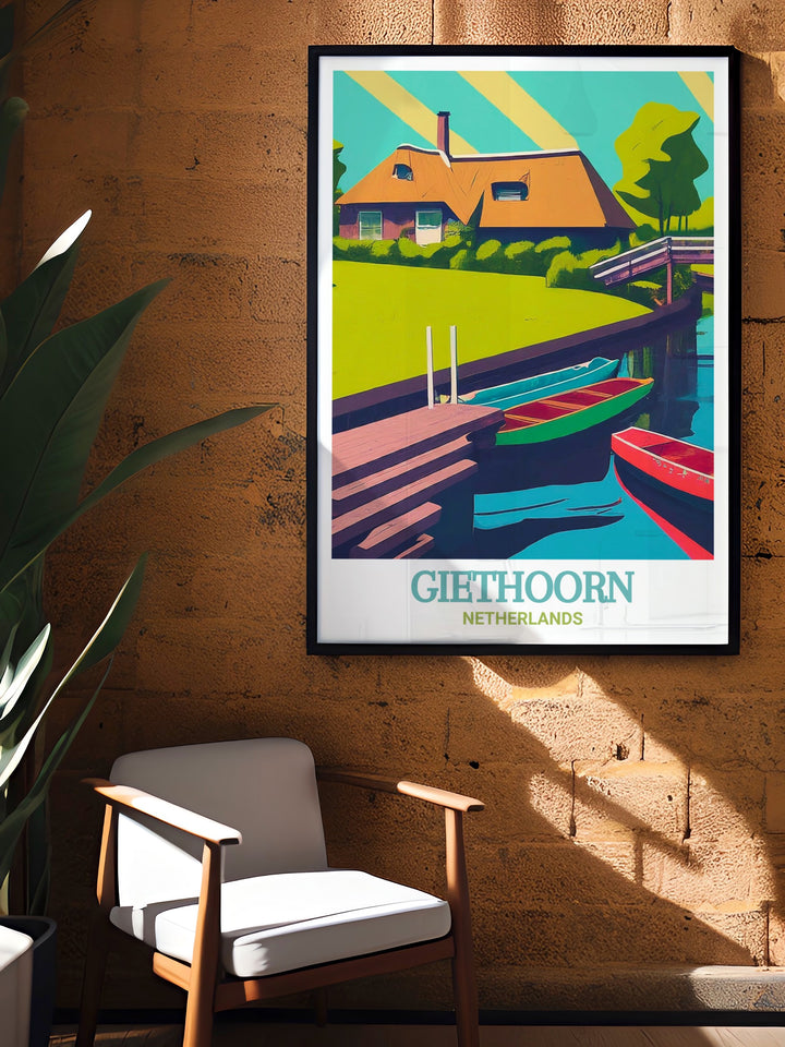 Giethoorn poster depicting the calm waters and lush greenery of this beautiful Dutch village. The detailed artwork captures the essence of Giethoorn, making it a stunning focal point for any room. Ideal for those who appreciate the tranquility and charm of European countryside settings.