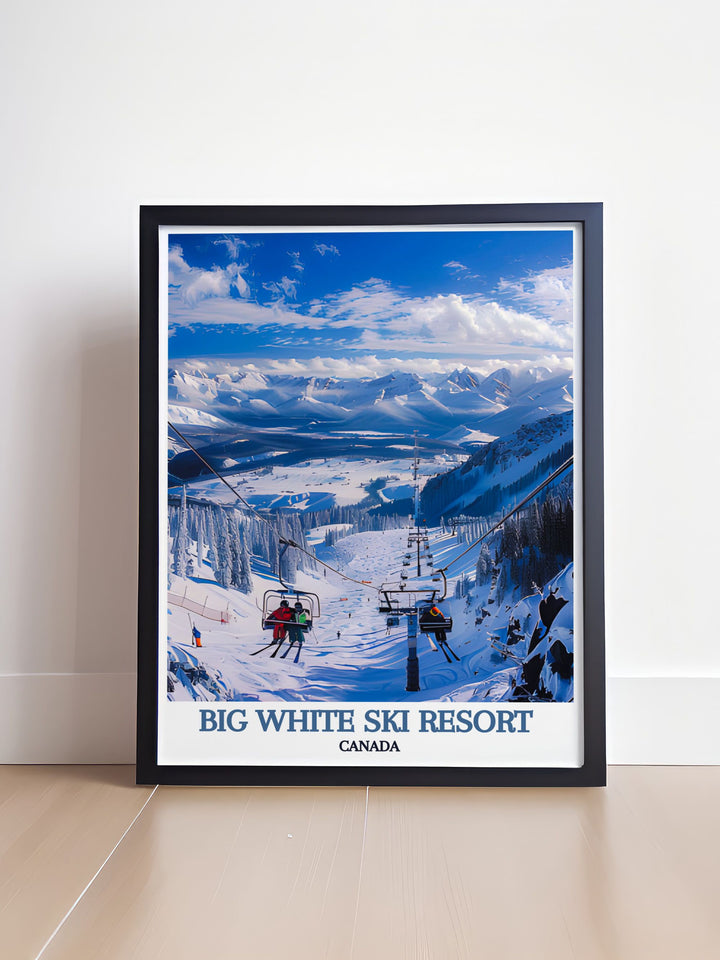 Modern wall decor featuring The Cliff Chair at Big White Ski Resort, highlighting the legendary chairlift and the expansive snowy landscape of British Columbia, ideal for ski and snowboarding enthusiasts.