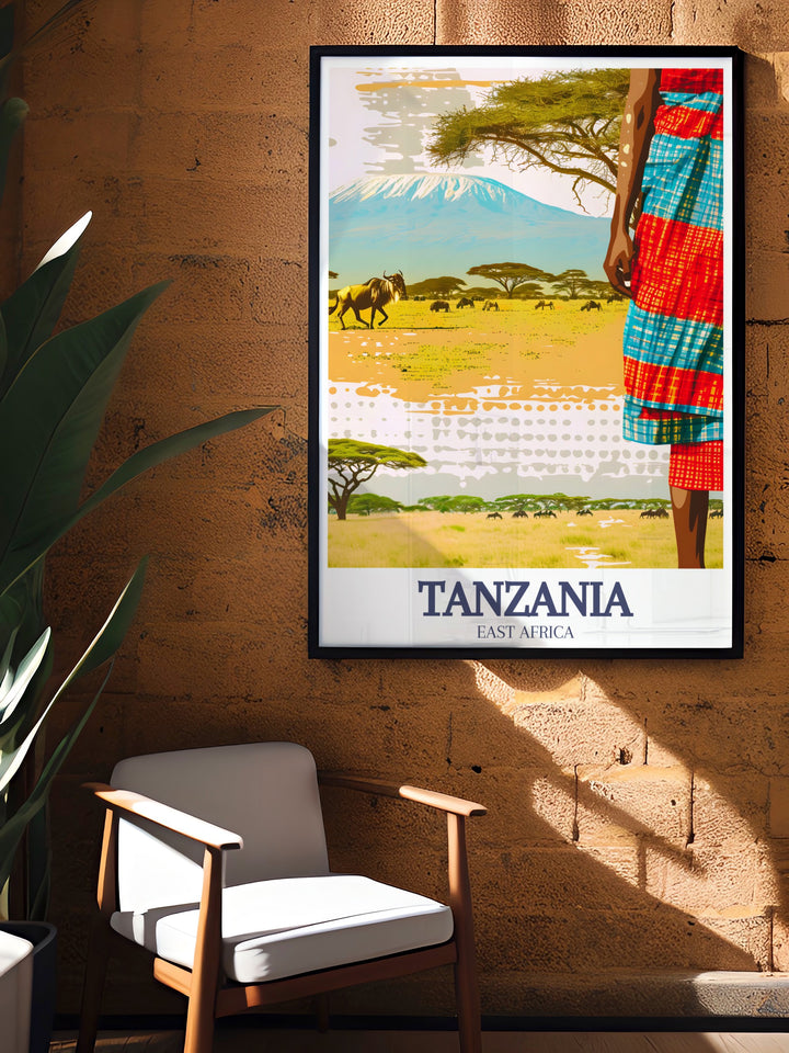 This art print of Mount Kilimanjaro and Serengeti National Park celebrates Tanzanias natural wonders. The vibrant colors and intricate details make it perfect for adding a touch of Tanzanias breathtaking beauty to your living space or gifting to a travel enthusiast.