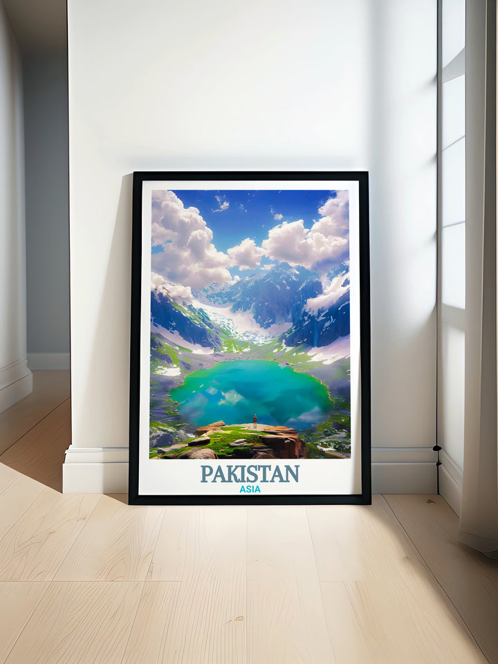 Lahore Poster showcasing vibrant streets and historical landmarks of Lahore city combined with stunning Saif ul Muluk Lake artwork perfect for home decor and travel enthusiasts seeking a unique blend of cultural richness and natural beauty