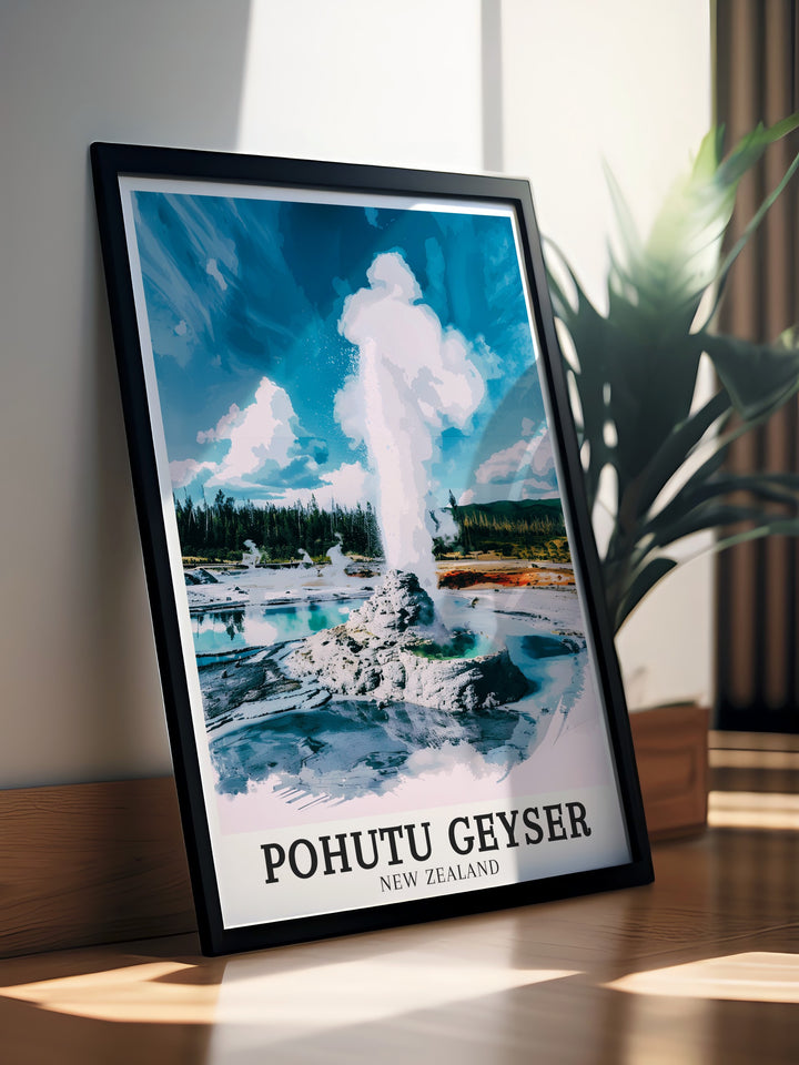 Pohutu Geysers towering eruptions and the geothermal beauty of Wairakei are captured in this travel poster, perfect for any wall. Bring a piece of Rotoruas unique landscape into your living space with this striking New Zealand artwork.