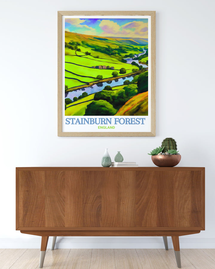 Mountain biking fans will love this Washburn Valley wall art showcasing Stainburn MTB trails. Vibrant colors and scenic views of Yorkshire make this print a must have for anyone who enjoys the thrill of outdoor adventure and cycling.