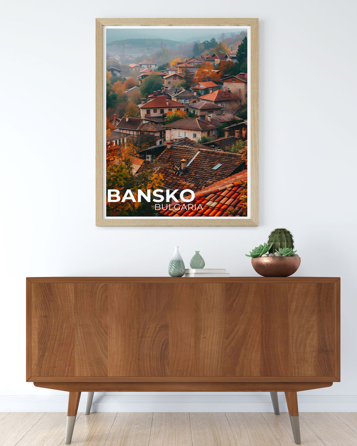 Capture the essence of Bulgarias alpine attractions with this poster featuring Bansko Ski Resort and the Pirin Mountains, perfect for enhancing any living space with its scenic beauty.