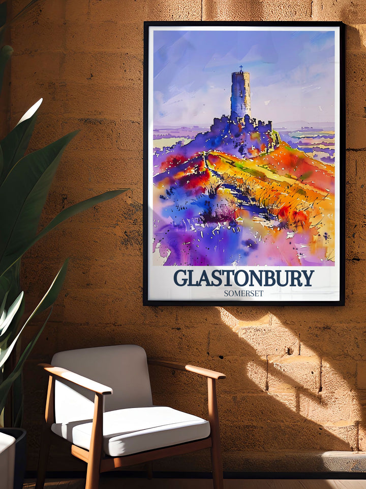 Charming Glastonbury Tor art featuring St. Michaels tower and Somerset levels ideal for fans of England wall art and those seeking unique UK wall prints perfect for enhancing home decor or giving as thoughtful travel gifts.