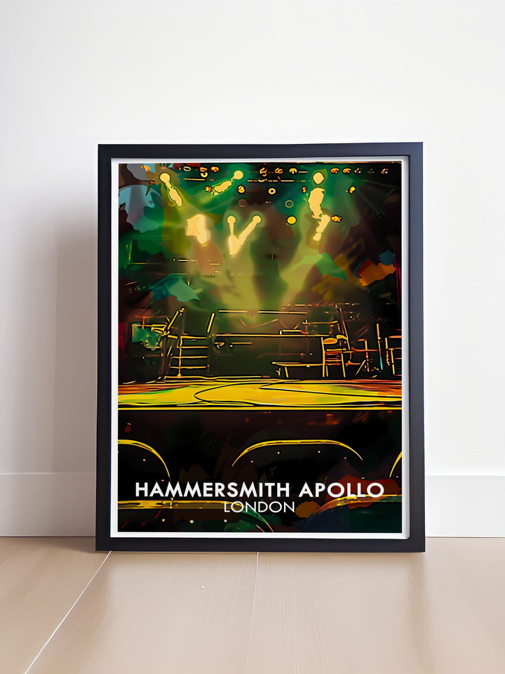 Featuring the dynamic stage of Hammersmith Apollo, this art print showcases the venue where countless iconic performances have taken place, perfect for music lovers and London enthusiasts.
