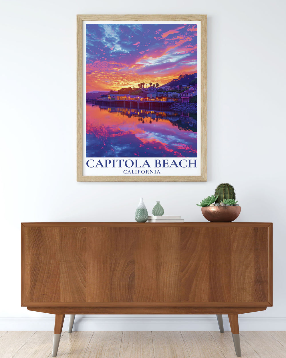 Beautiful Sunset over Capitola Wharf Art showcasing intricate details and vibrant colors of the Wharf scene ideal for creating a relaxing atmosphere in your home a must have piece of California Wall Art for beach lovers