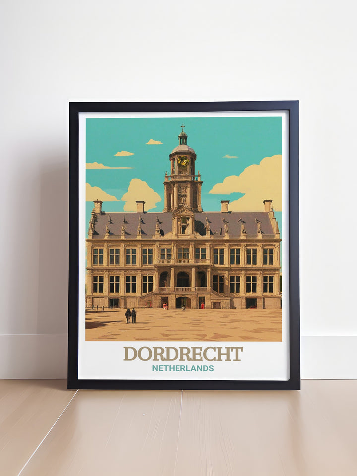 City Hall of Dordrecht is beautifully depicted in this Netherlands travel art print, highlighting its intricate architectural details. Ideal for those who appreciate Dutch culture, this wall art brings the charm of Dordrecht into your home.