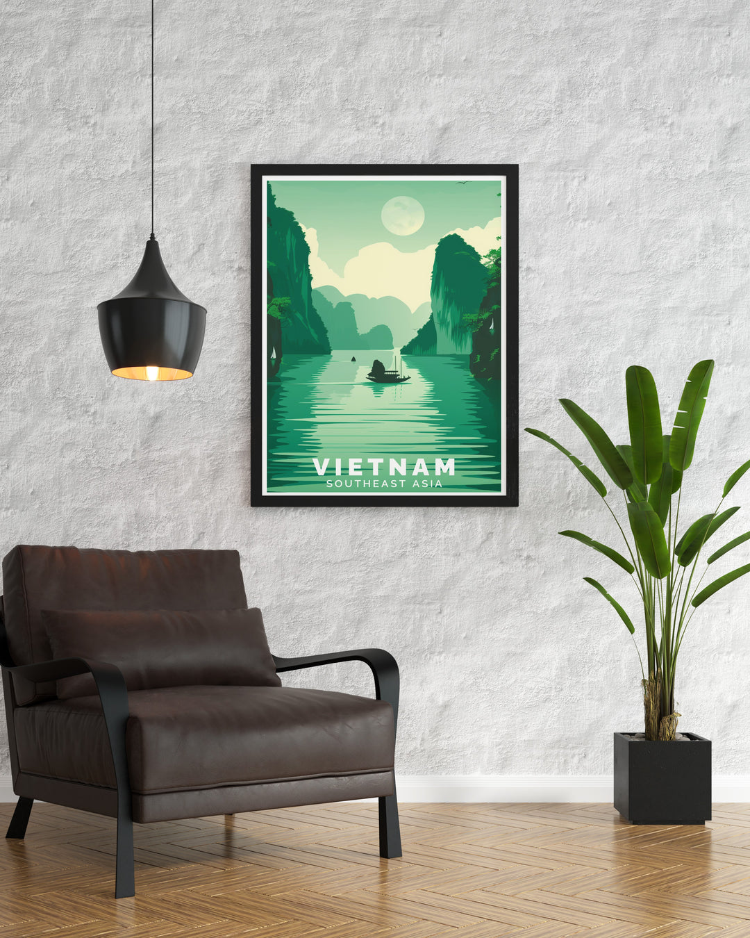 Ha Long Bay Travel Poster with a focus on the bays serene landscape and towering limestone formations. The vibrant colors and calming scenery make it an excellent addition to any art collection or as a standalone piece for your home.