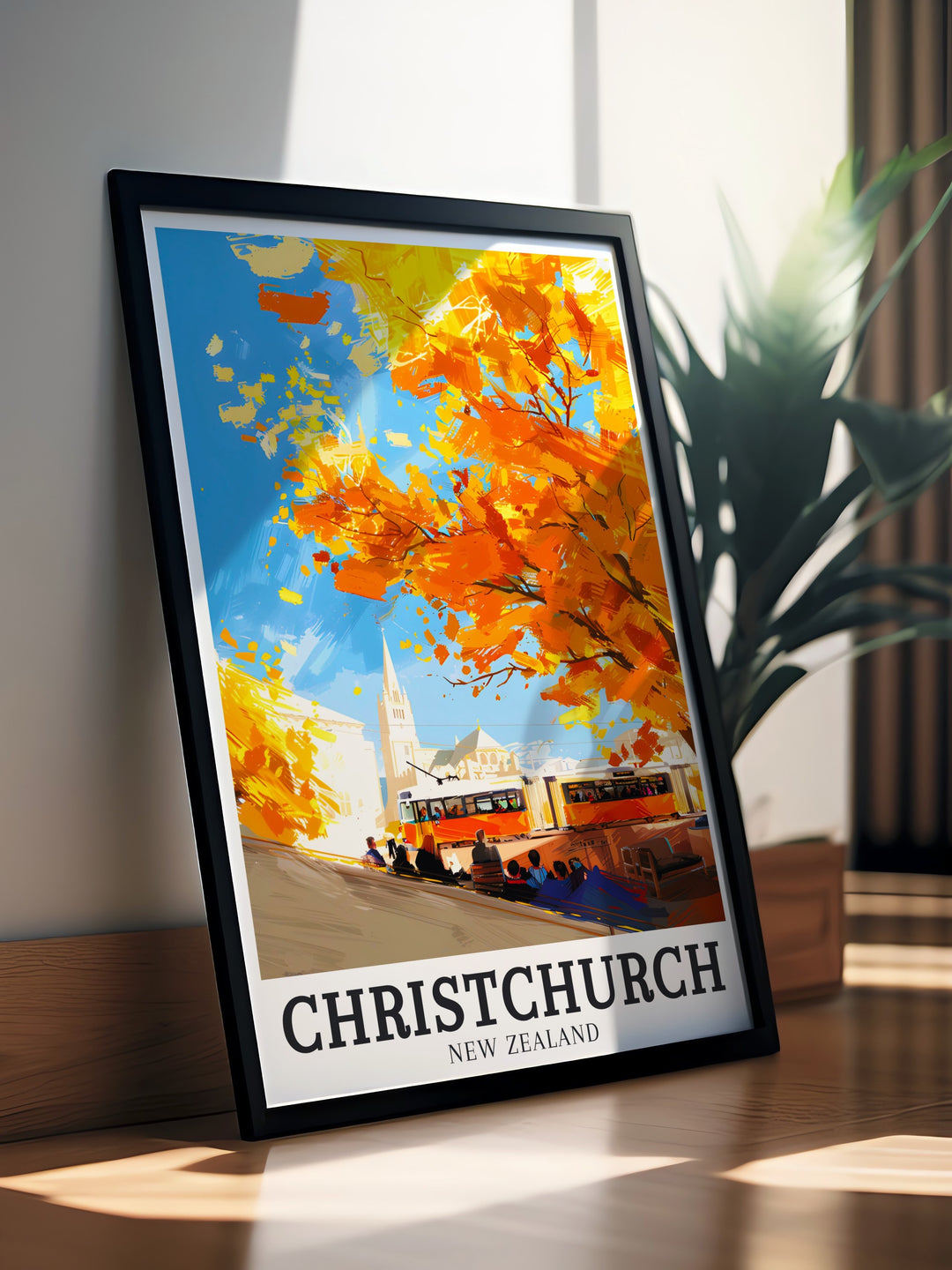 Enhance your living space with the beauty of Christchurch through a ChristChurch Cathedral and Christchurch Heritage Trams art print featuring vibrant colors and intricate details perfect for adding elegance to any room or as a thoughtful New Zealand travel gift.