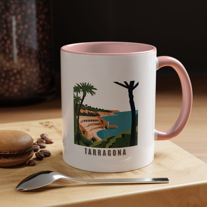 This Tarragona Spain mug combines practical function with artistic beauty, displaying intricate artwork of the citys vibrant culture. Made from durable ceramic, it is dishwasher and microwave safe. An excellent gift or keepsake for travelers and coffee enthusiasts.