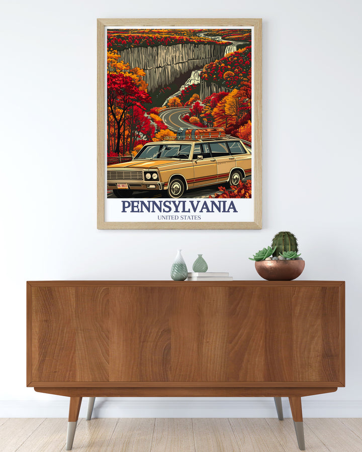 This Pennsylvania print showcases the beauty of Ricketts Glen and the Glens Natural Area, with its majestic waterfalls and lush greenery. Perfect for your living space or as a gift, this travel poster will remind you of the wonders of Pennsylvanias wilderness.