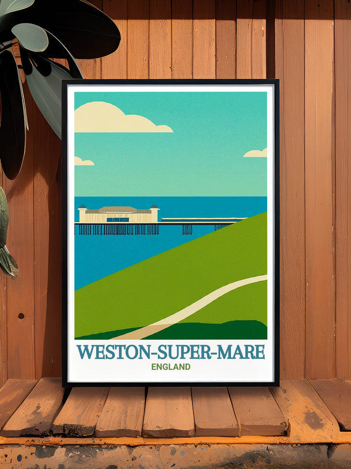 Weston Super Mare travel print captures the essence of the UKs classic seaside town, with its iconic Grand Pier and golden beaches. This artwork is perfect for those who love coastal art, offering a stylish and nostalgic addition to any art collection or coastal themed décor.