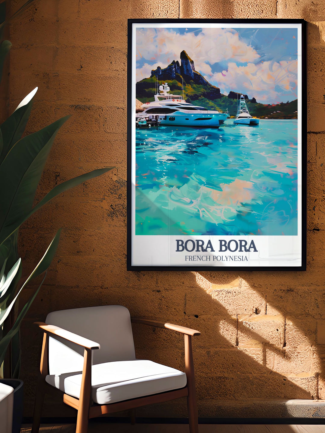 Mount Otemanu Bora Bora Yacht Club vintage print capturing the vibrant atmosphere of French Polynesia this retro travel poster is perfect for wall art enthusiasts who appreciate the timeless beauty of Bora Bora and its iconic landmarks.