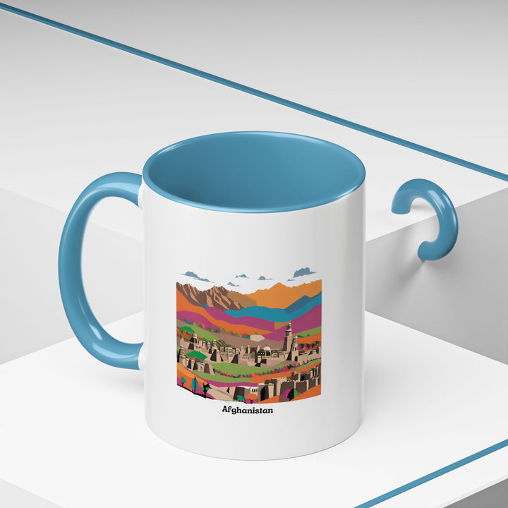 A ceramic Afghanistan Mug designed with colorful Afghan motifs that celebrate the country’s cultural richness. This dishwasher-safe mug is perfect for coffee or tea lovers, offering both practicality and artistic value for daily use or gifting.