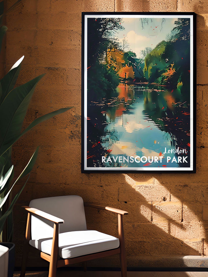 Charming Ravenscourt Park Lake Home Decor Poster showcasing the serene lake and historic plane trees. Perfect for adding a touch of nature to any room, this London Travel Print brings the peaceful beauty of one of West Londons hidden treasures into your home.