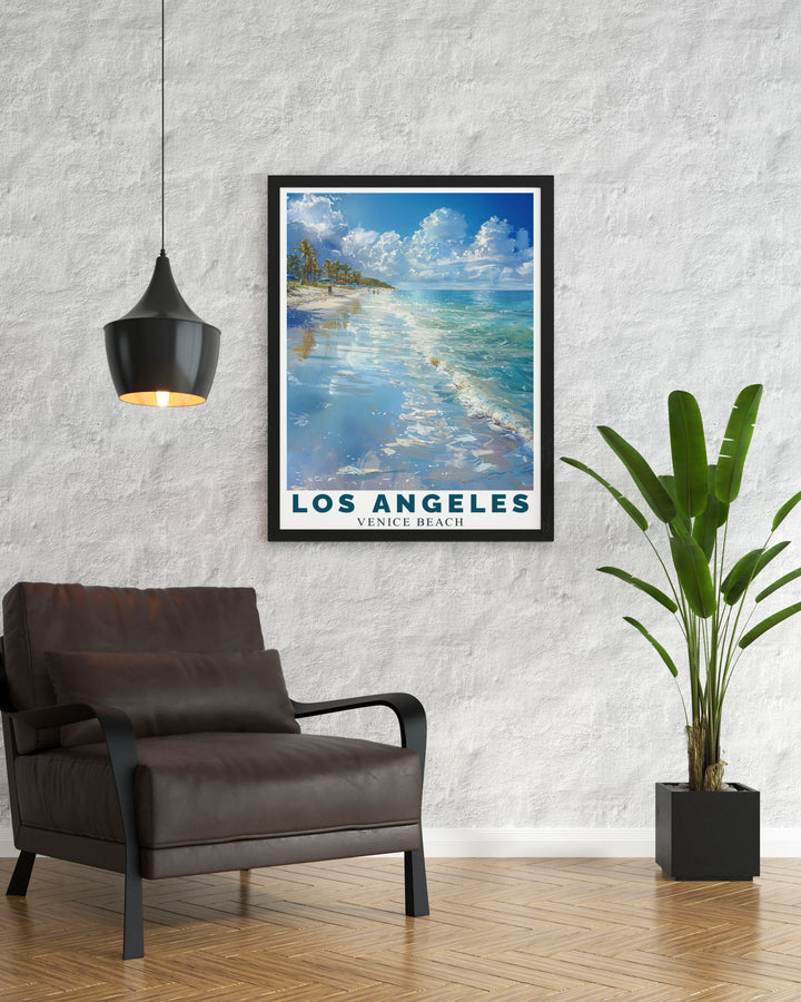 This vibrant art print of Los Angeles highlights the citys bustling streets and scenic beauty, making it a standout piece for those who appreciate diverse urban environments.