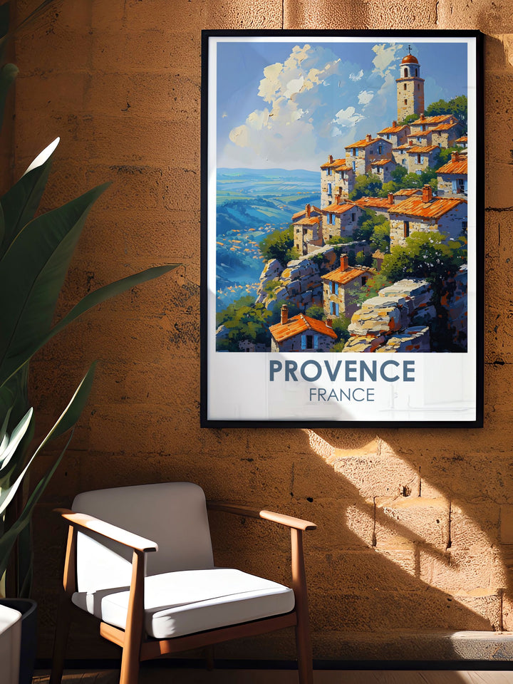 Immerse yourself in the vibrant spirit of Gordes with this travel poster, featuring the lively local markets and the stunning stone houses of this Provencal village.