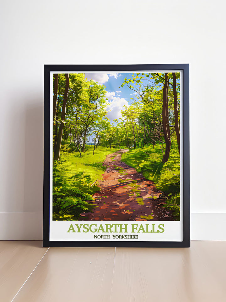 Woodland trails travel poster depicting the serene forest paths of the Yorkshire Dales a great addition to any art collection this print offers a glimpse into North Yorkshires natural beauty.