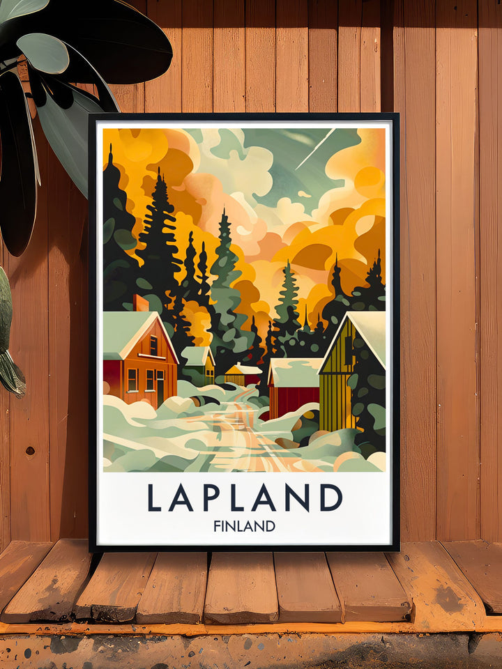 Captivating Santa Claus Town Poster featuring the whimsical beauty of this magical Finnish town perfect for adding a touch of festive wonder to your wall art collection or as a thoughtful gift for Christmas lovers.