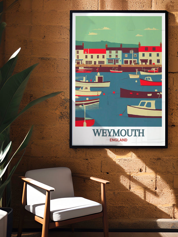 Weymouth Harbour art print featuring the bustling marina and colourful buildings. This detailed illustration captures the dynamic charm of Weymouth Harbour, perfect for enhancing coastal themed decor in any room.