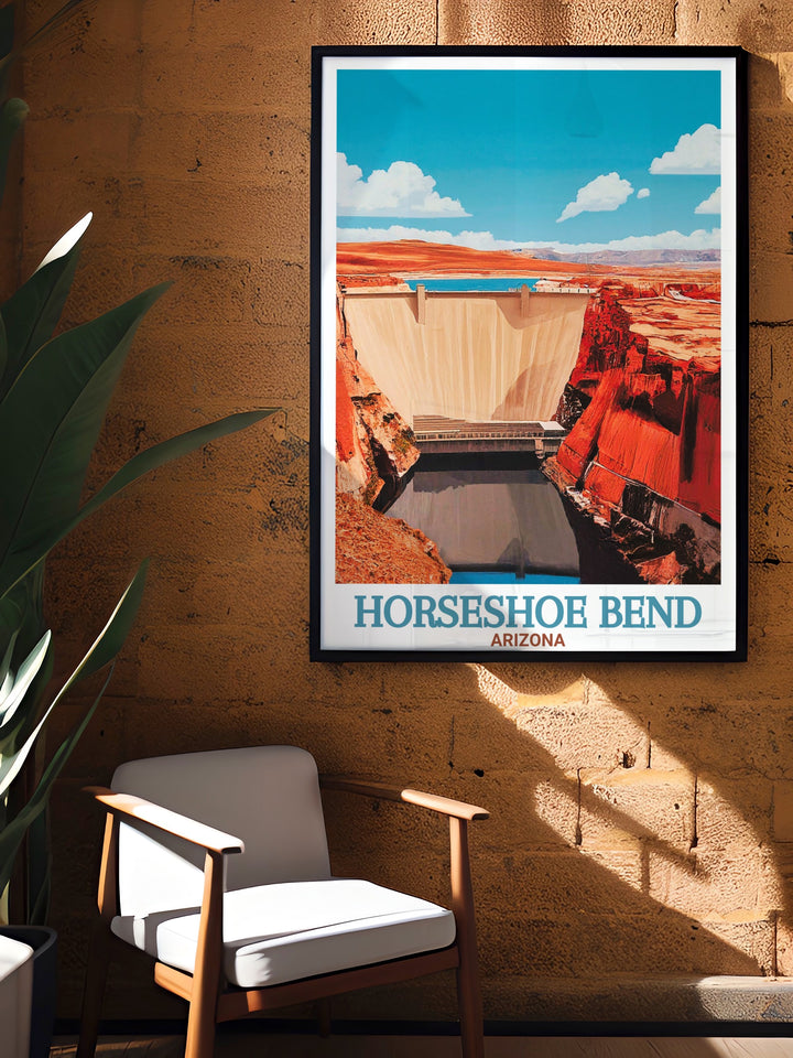 A must have for travel enthusiasts, this Horseshoe Bend and Glen Canyon Dam poster combines the natural beauty of Arizona with the architectural marvel of the dam, creating a unique National Park artwork.