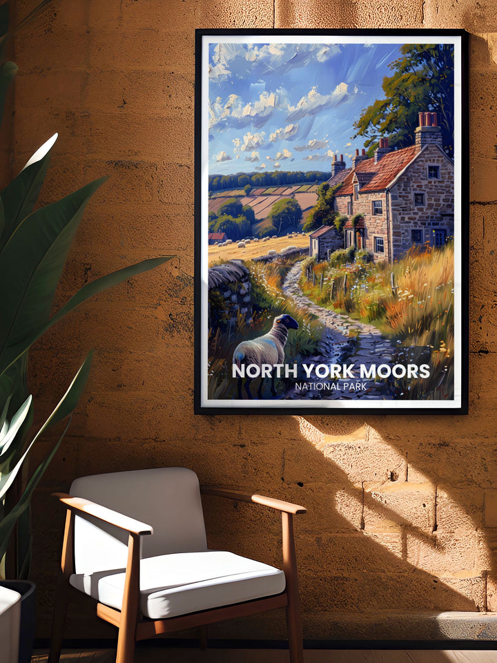 Celebrate the charm of Yorkshire with this travel poster of North York Moors, showcasing the iconic heather clad hills, ancient woodlands, and historic landmarks that make this region a must see.