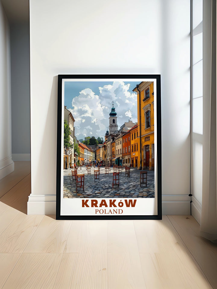 This travel print brings Krakows Jewish Quarter to life. The detailed artwork of the historic district makes it the perfect addition to any home, offering a timeless connection to Polands cultural heritage.